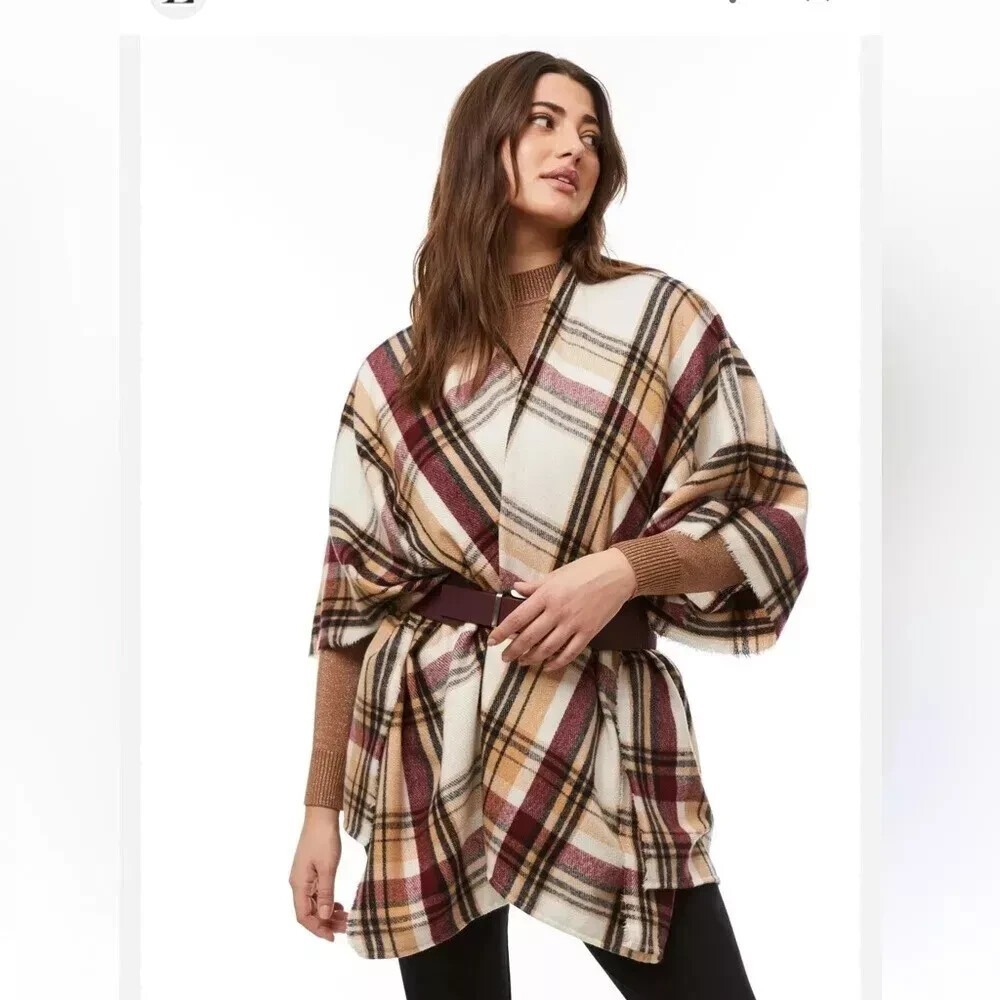 Woolrich Plaid Shawl Poncho‎ One Size Cream Red Blanket Wrap Cozy